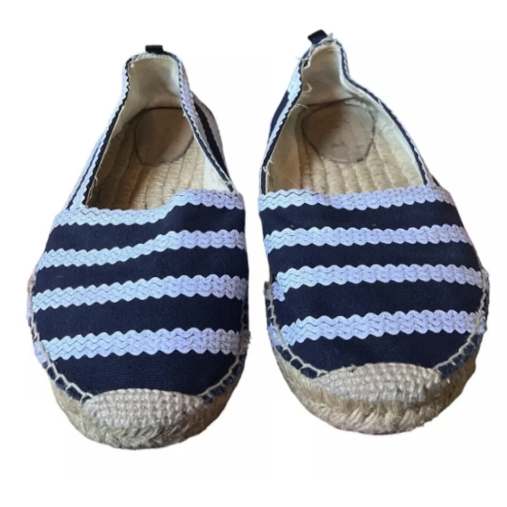 Boden Canvas Stripes Espadrille Flats Navy Blue White Made in Spain Size 9.5